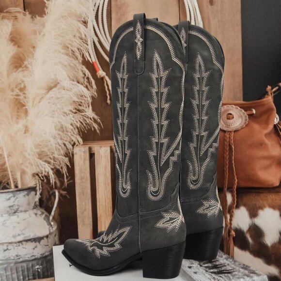 Cowboy Boots for Women Knee High Cowgirl Boots Embroidered Slip On Pointed Toe - Picture 5 of 7